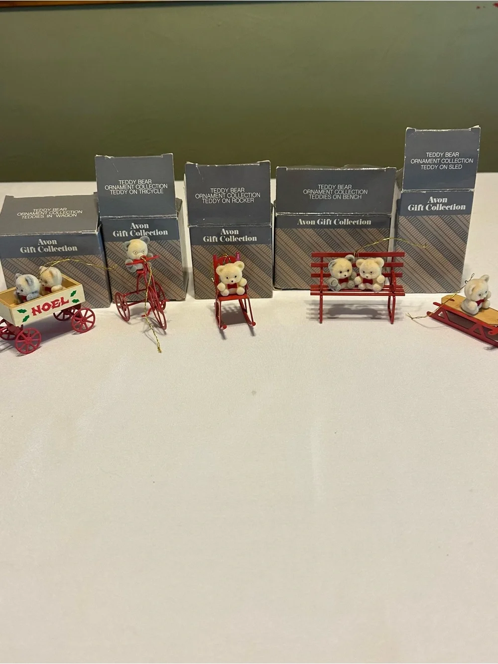 Vintage Avon Gift Collection White Teddy Bear Ornaments with Red Accents